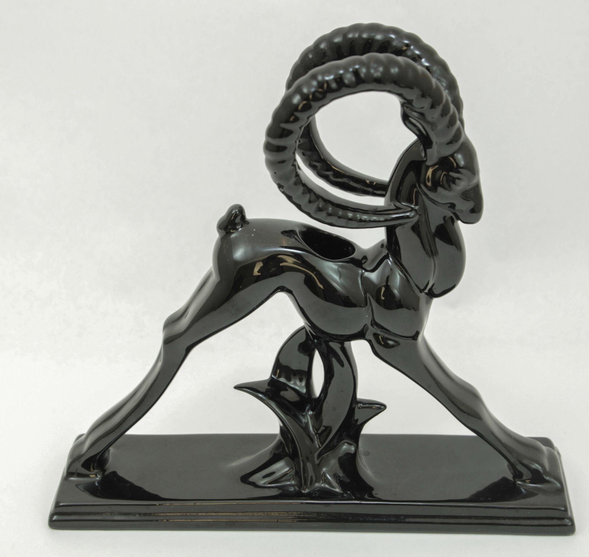 Art Deco Royal Haeger Style Ceramic Sculptural Ram Ibex Black 1