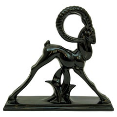 Art Deco Royal Haeger Style Ceramic Sculptural Ram Ibex Black