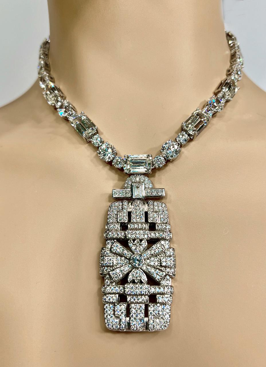 A very real-looking  'Cartier'- style  Art Deco pendant on an emerald cut line necklace with mand-made CZ diamonds is set in platinum-looking rhodium sterling silver. It is all hand-set precisely like the genuine collector's real necklace and made