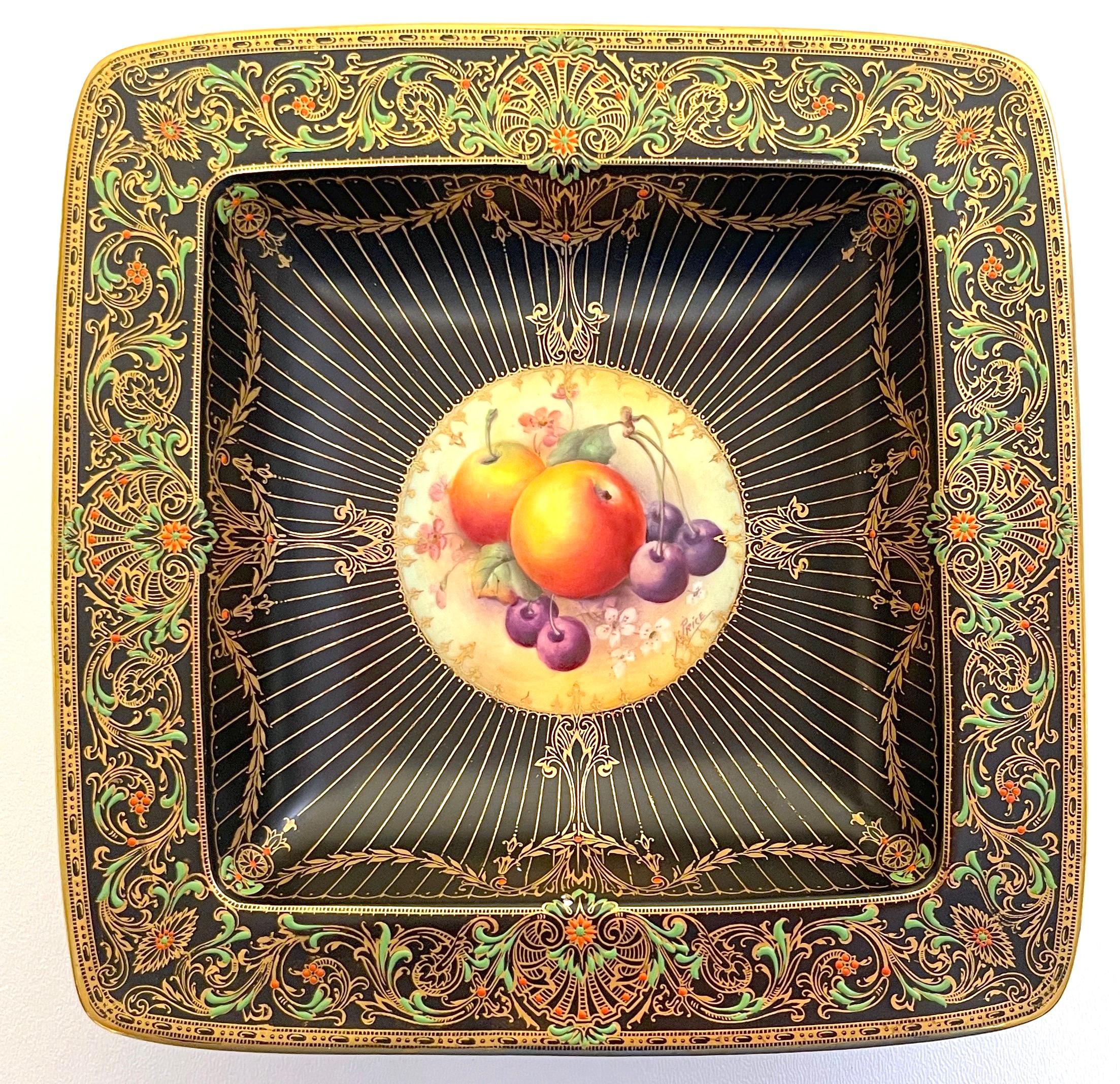 Art Deco Royal Worcester Painted Fruit cabinet bowl by Horace Price
England, Date marked for 1933 =Three circles and one dot and Made in England

This fine example of Royal Worcester porcelain with an atypical black background, elaborate colorful