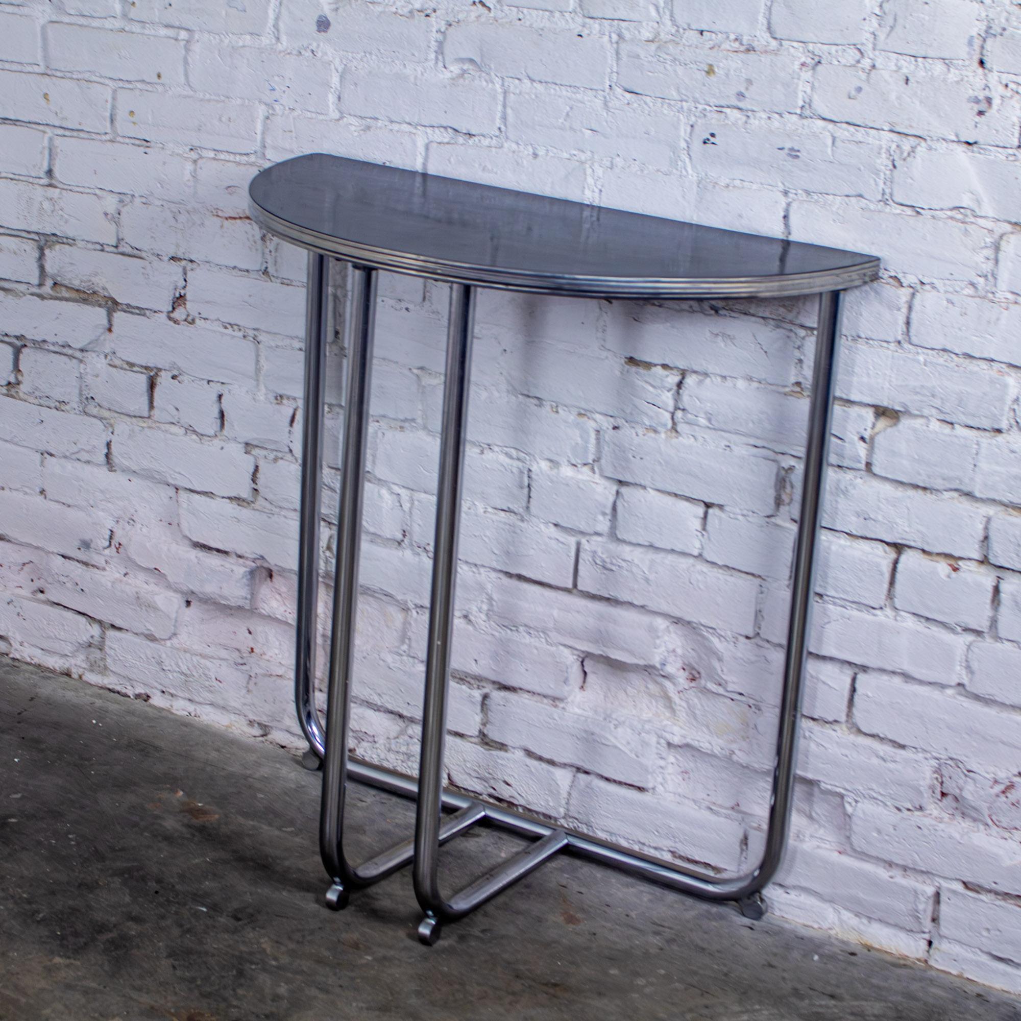Art Deco Royalchrome Demilune Console Table Chrome Tube Frame Black Laminate Top In Good Condition For Sale In Topeka, KS