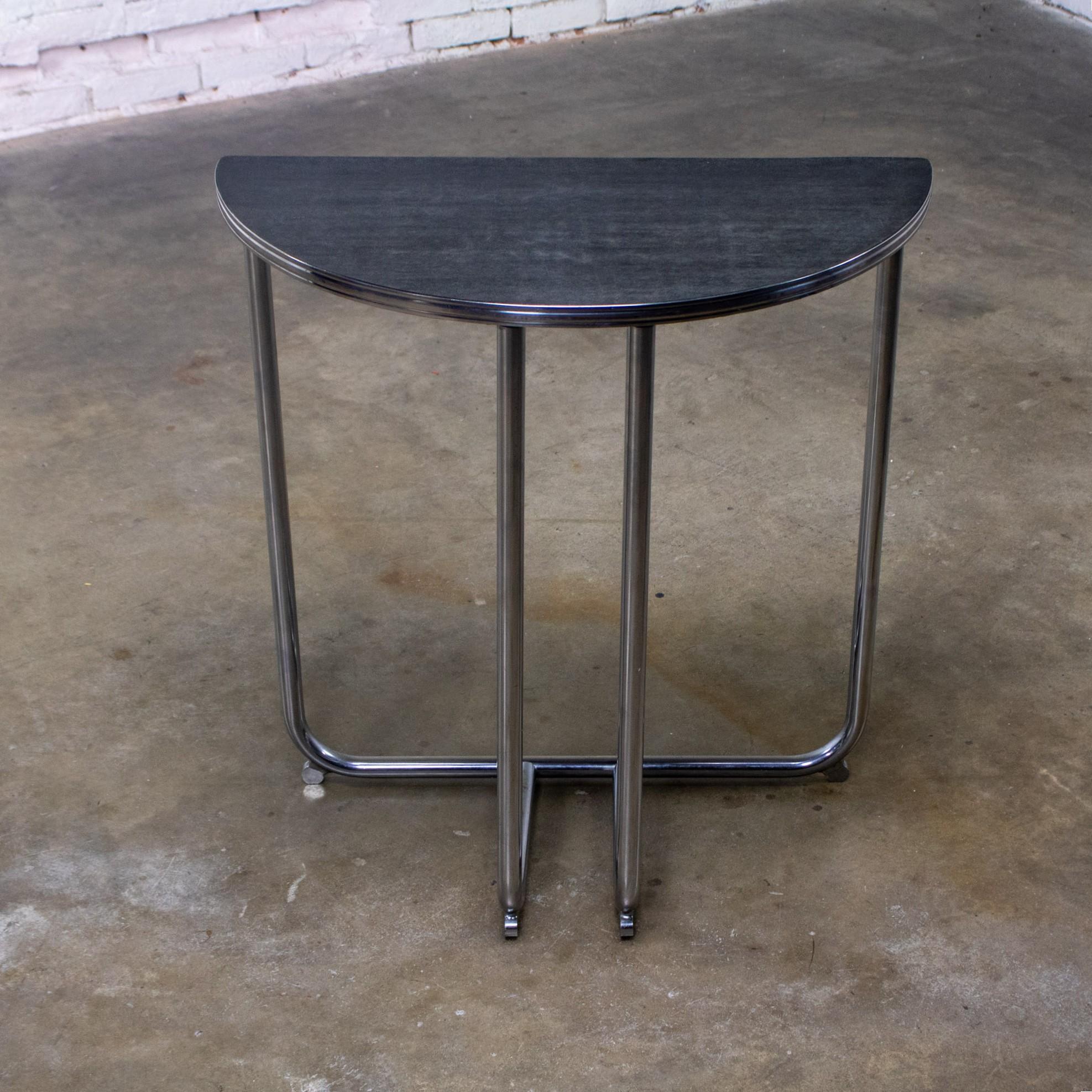 20th Century Art Deco Royalchrome Demilune Console Table Chrome Tube Frame Black Laminate Top For Sale