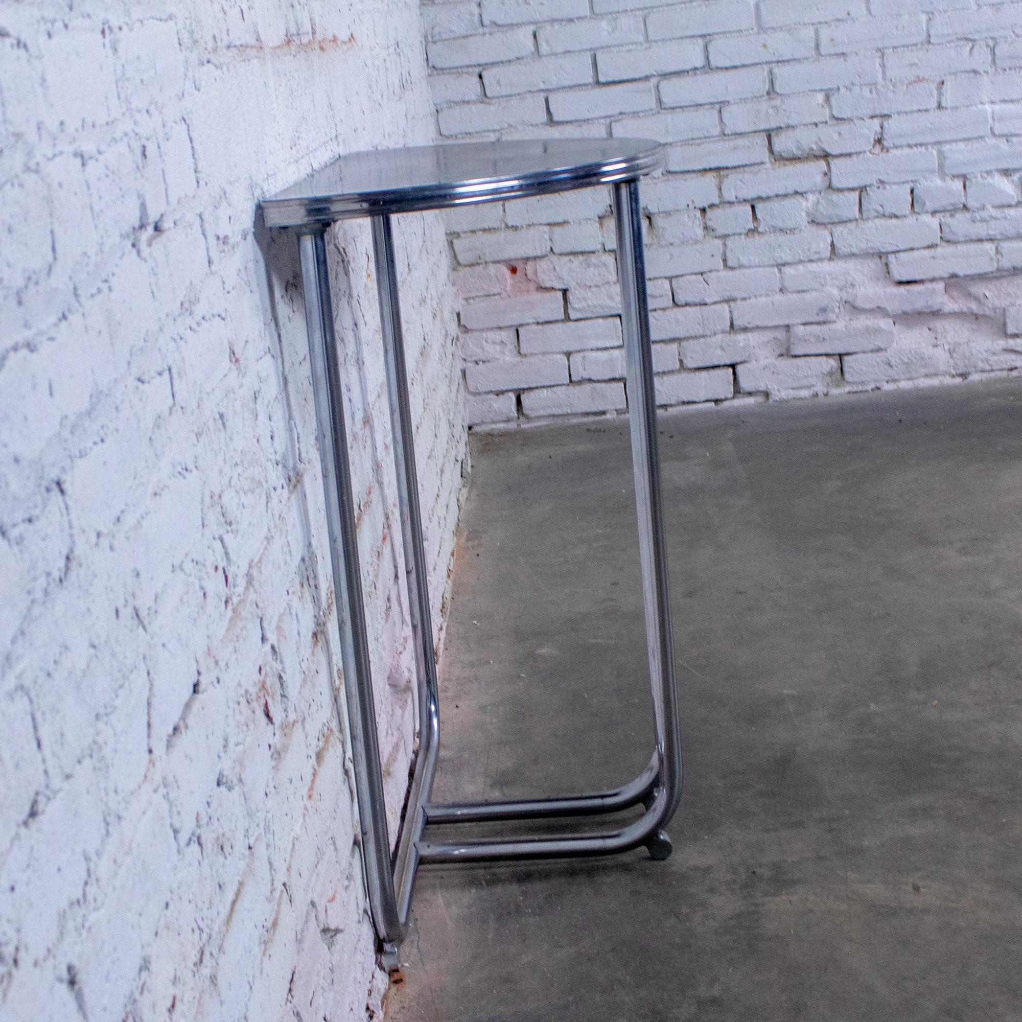 Art Deco Royalchrome Demilune Console Table Chrome Tube Frame Black Laminate Top For Sale 1