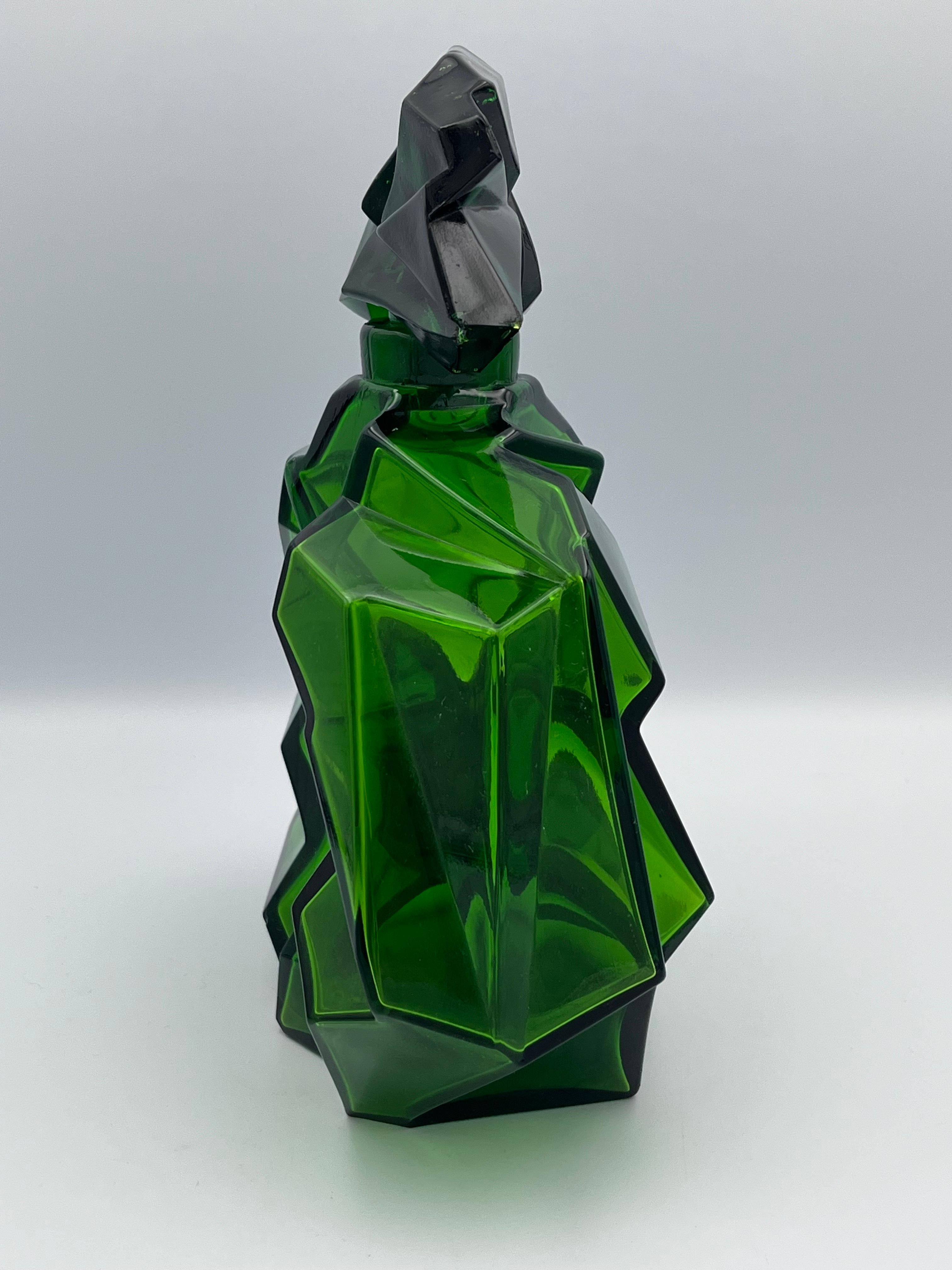 Molded Art Deco Ruba Rombic Jungle Green Glass Decanter by Rubin Haley for Consolodated For Sale