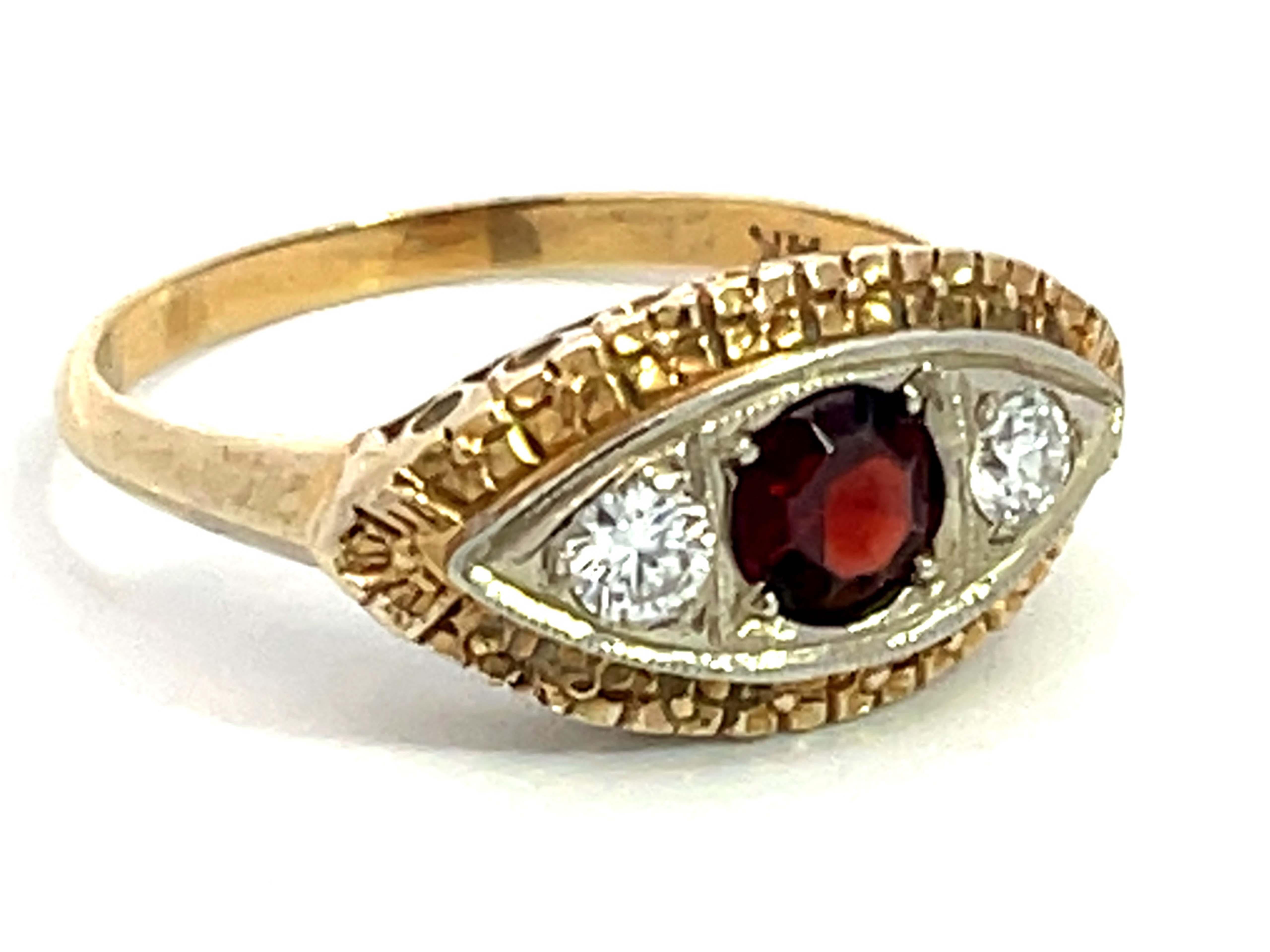Round Cut Art Deco Rubellite Garnet and Diamond Eye Ring in 14k Yellow Gold For Sale