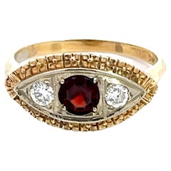 Art Deco Rubellite Garnet and Diamond Eye Ring in 14k Yellow Gold