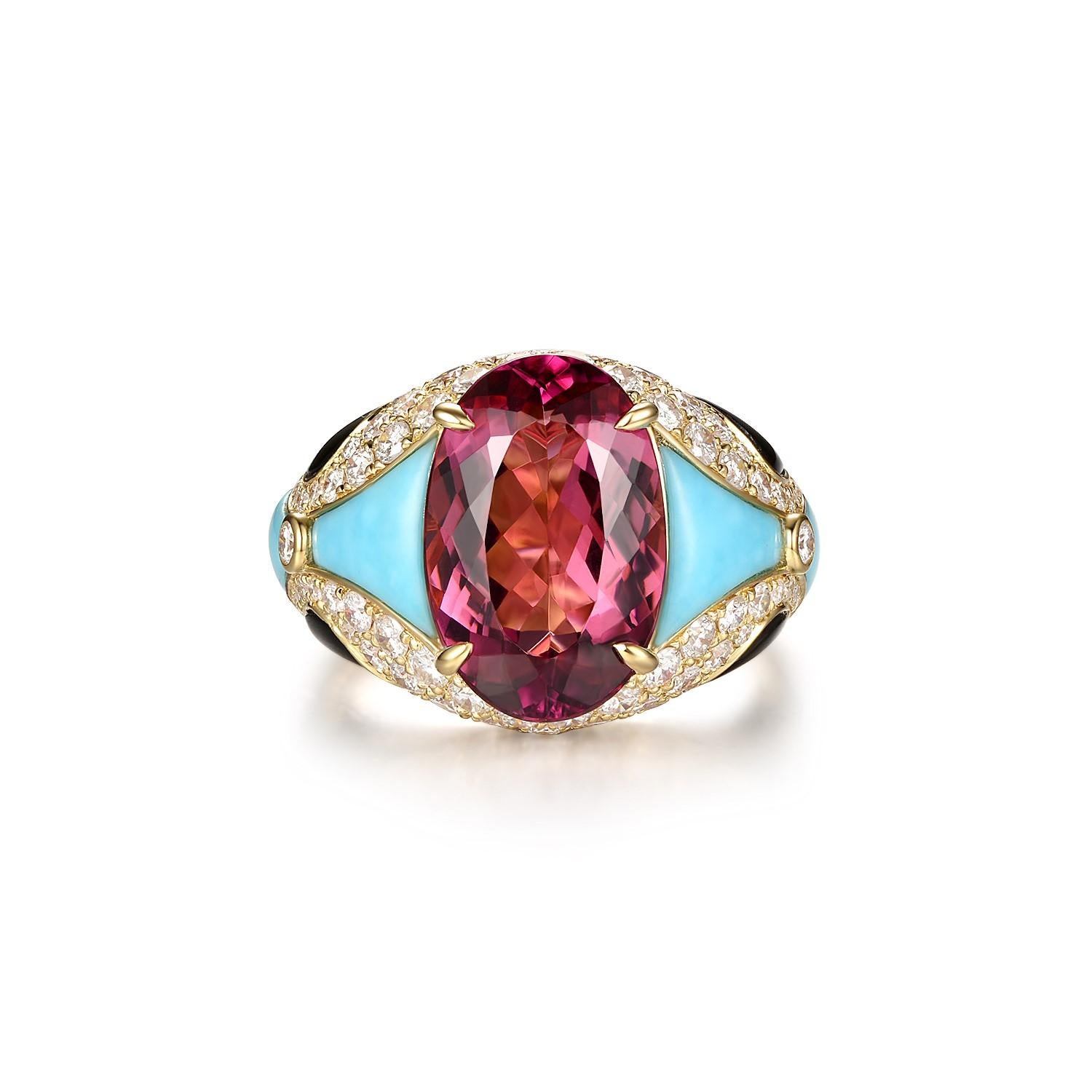 This ring is a true work of art, boasting a captivating fusion of vibrant colors and luxurious materials. Crafted from 18 karat yellow gold, its bold and sophisticated design features a magnificent 5.30 carat rubellite at its center. The rubellite's