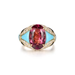 Art Deco Rubellite Turquoise Onyx Diamond Cocktail Ring in 18 Karat Yellow Gold
