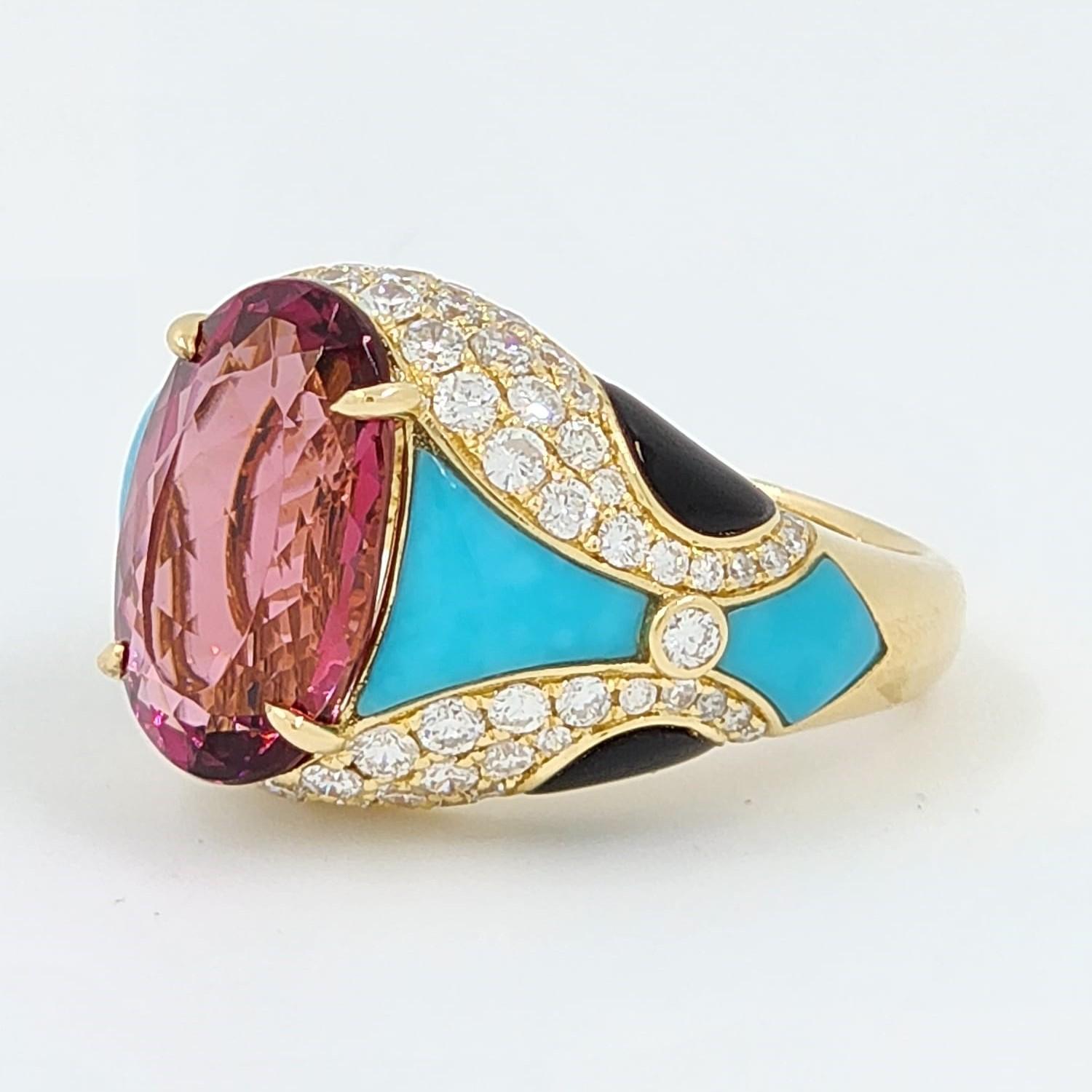 Oval Cut Art Deco Rubellite Turquoise Onyx Diamond Cocktail Ring in 18 Karat Yellow Gold For Sale