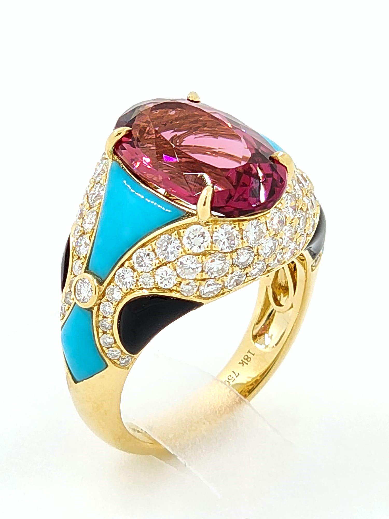 Art Deco Rubellite Turquoise Onyx Diamond Cocktail Ring in 18 Karat Yellow Gold In New Condition For Sale In Hong Kong, HK