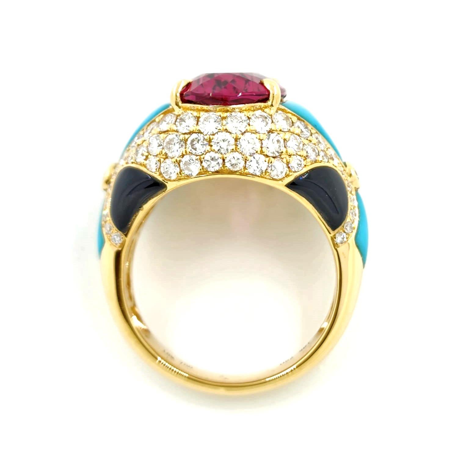 Art Deco Rubellite Turquoise Onyx Diamond Cocktail Ring in 18 Karat Yellow Gold For Sale 1
