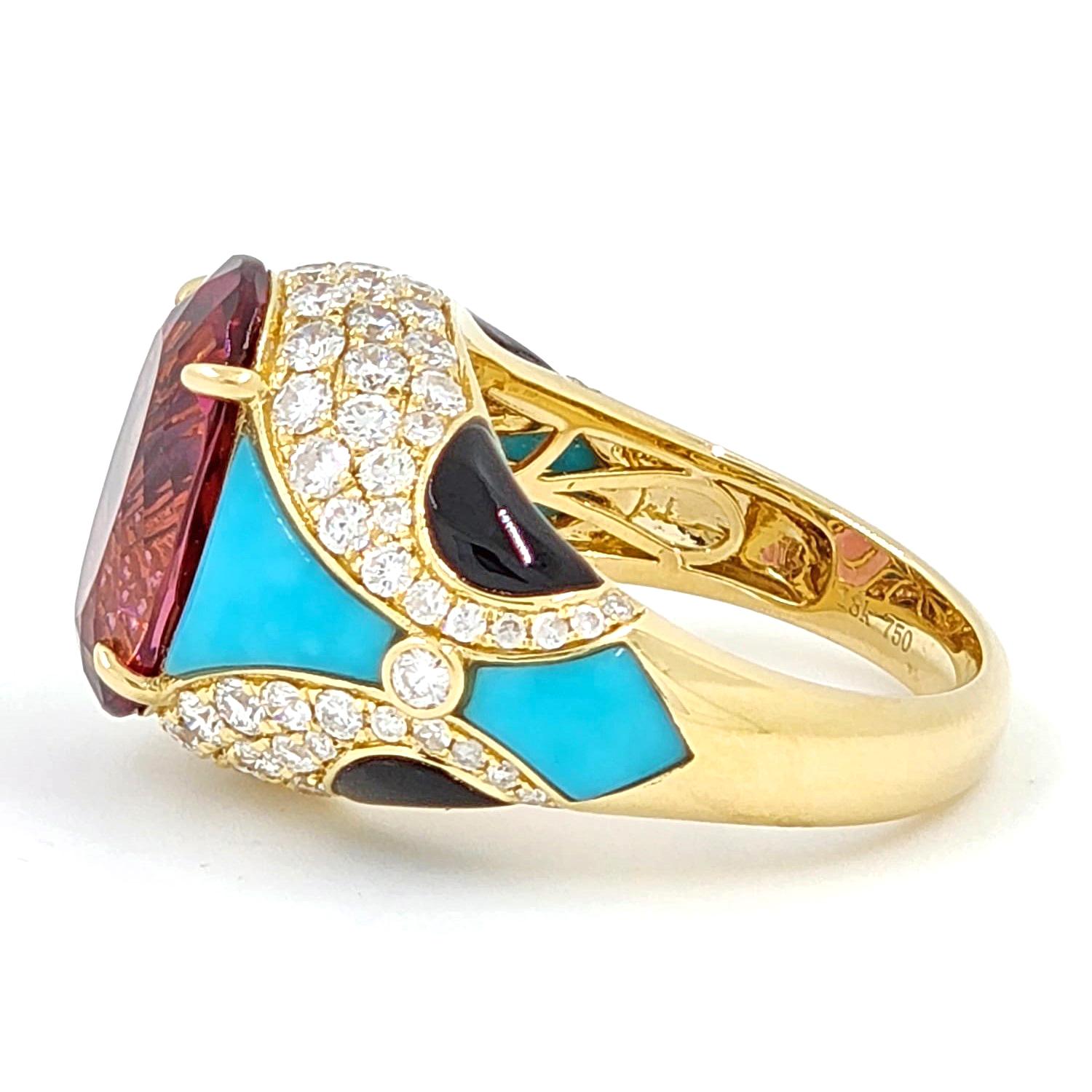Art Deco Rubellite Turquoise Onyx Diamond Cocktail Ring in 18 Karat Yellow Gold For Sale 2