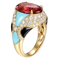 Art Deco Rubellite Turquoise Onyx Diamond Cocktail Ring in 18 Karat Yellow Gold