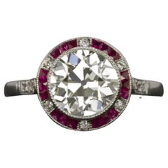 Art Deco Rubies and white Old European cut diamond Platium Ring