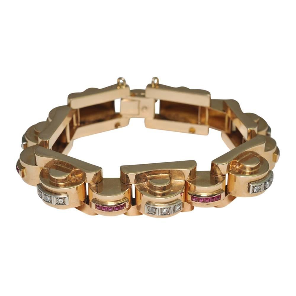Art Deco Ruby, Diamond 18 Carat Gold Tank Bracelet
