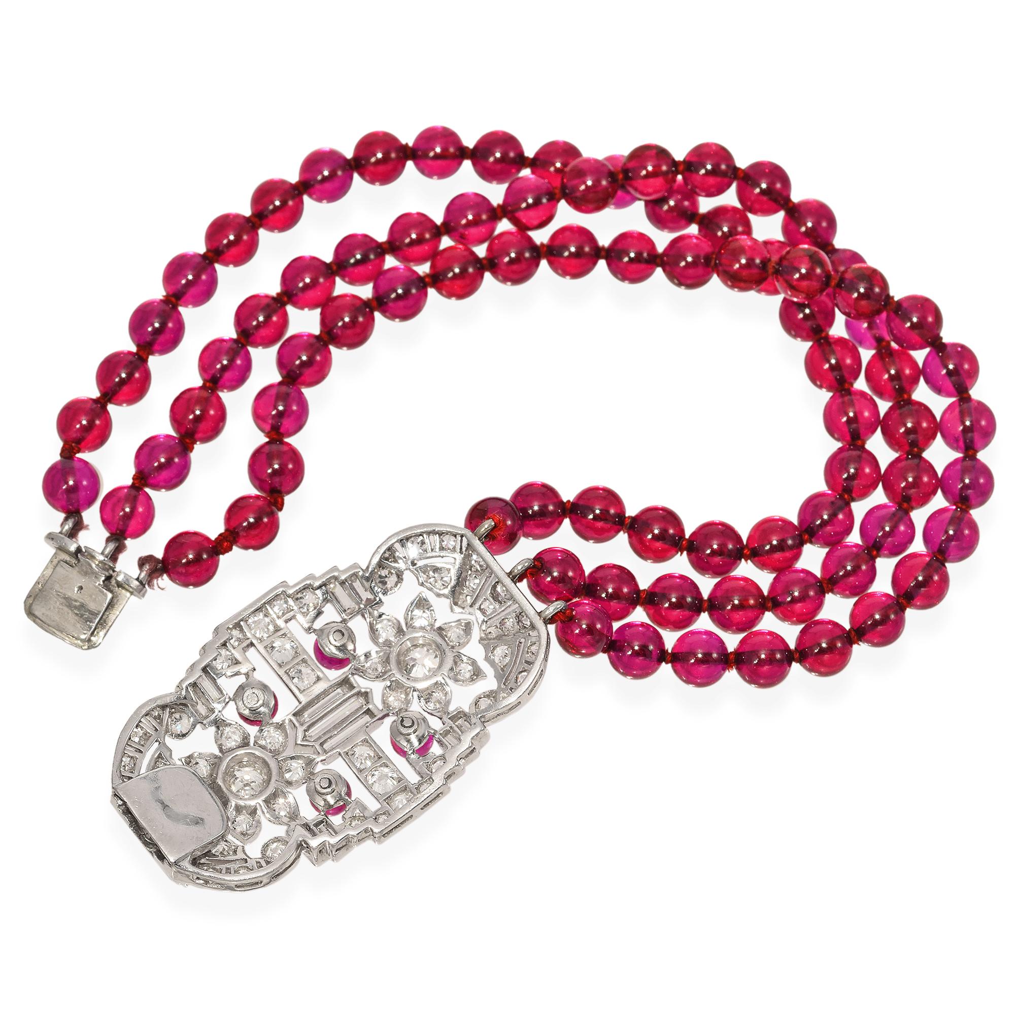 Bracelet Art déco Lab à plusieurs rangs de perles en platine, rubis et diamants de 3,85 carats poids total Bon état - En vente à New York, NY