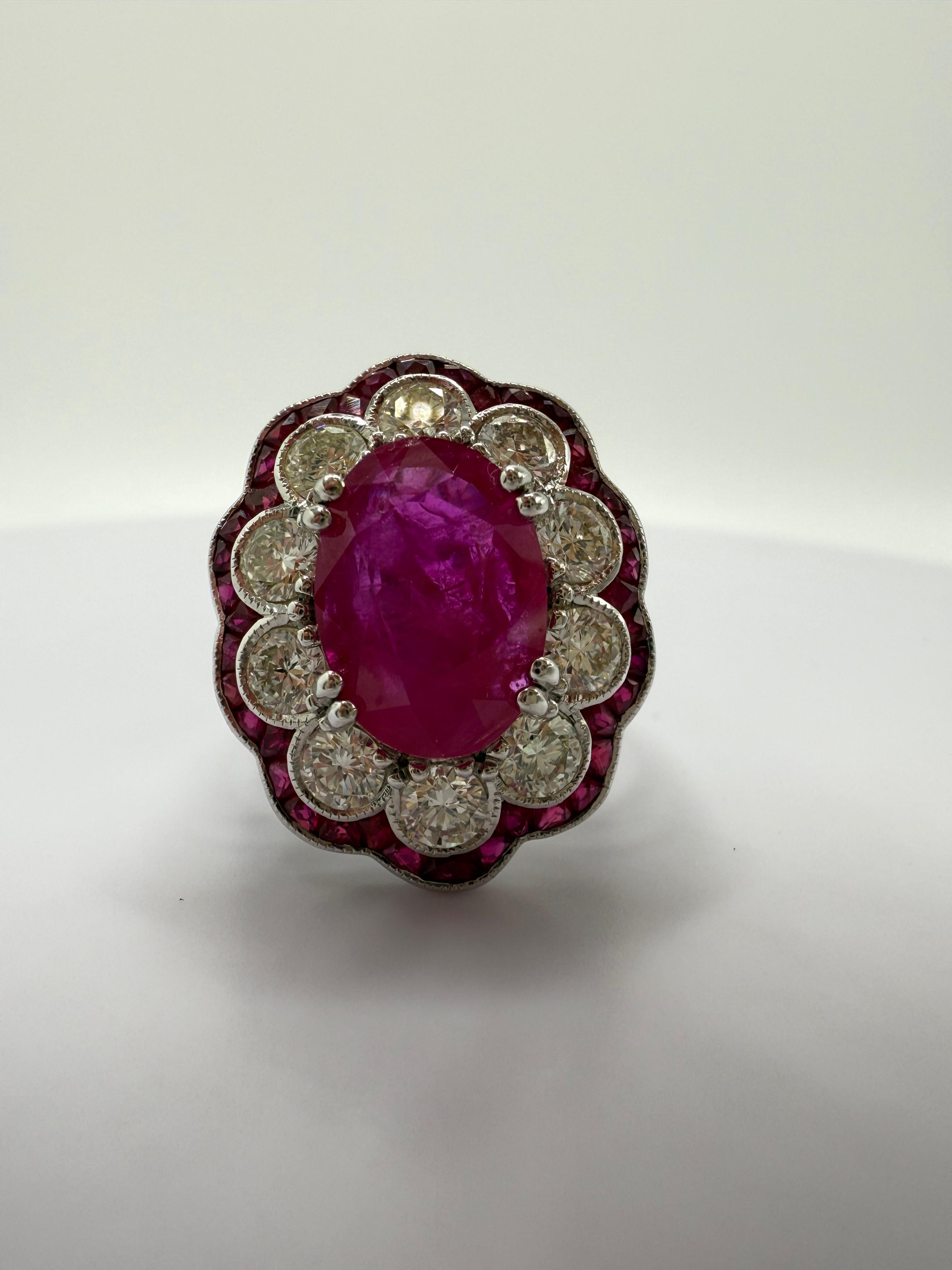 Art Deco Rubin 4,22 Karat Diamant Blumenring im Zustand „Gut“ im Angebot in Los Angeles, CA
