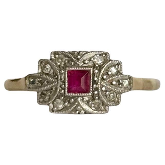 Art Deco Ruby and Diamond 18 Carat Gold and Platinum Panel Ring