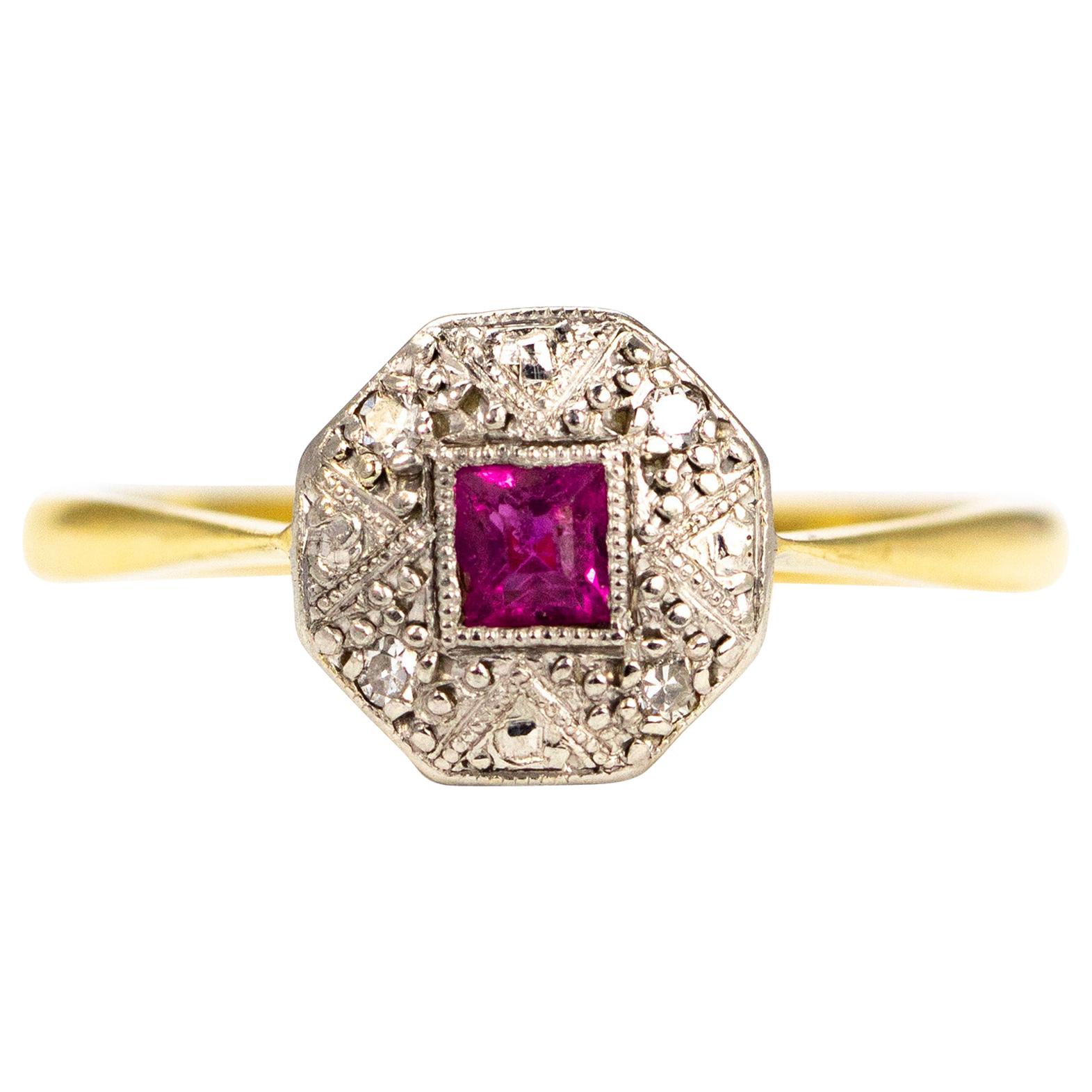 Art Deco Ruby and Diamond 18 Carat Gold and Platinum Ring