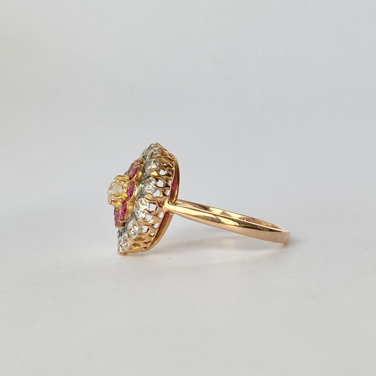 Old Mine Cut Art Deco Ruby and Diamond 18 Carat Gold Cluster Ring For Sale