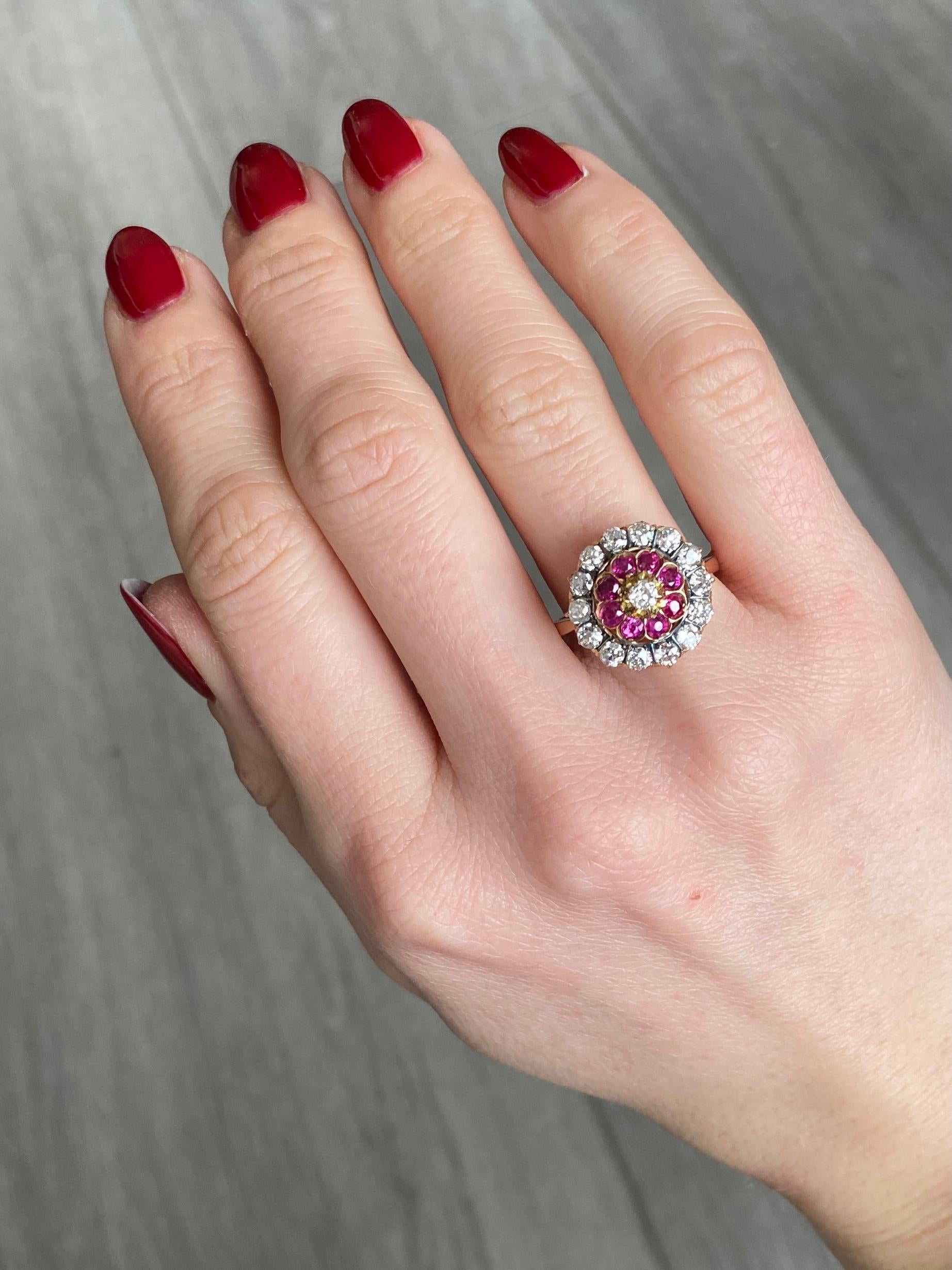 Women's Art Deco Ruby and Diamond 18 Carat Gold Cluster Ring For Sale