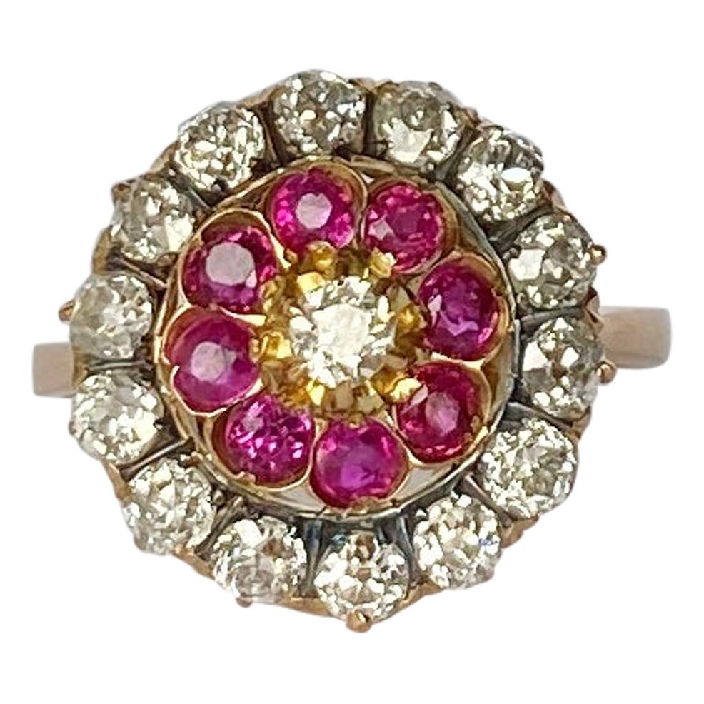 Art Deco 2.16 Carat Ruby and Old Cut Diamond 18 Karat Gold Cluster Ring ...