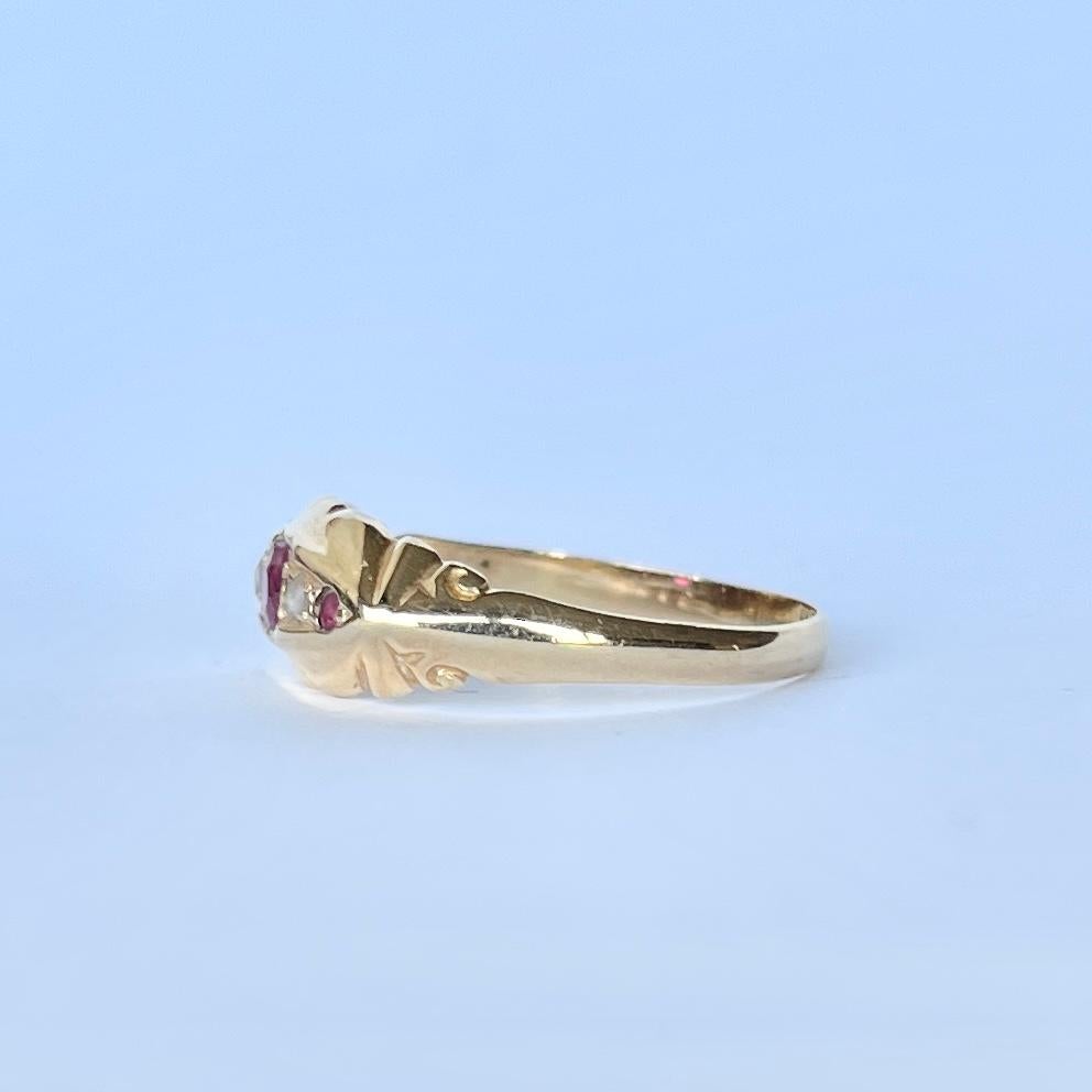 Women's Art Deco Ruby and Diamond 18 Carat Gold Five-Stone Ring For Sale
