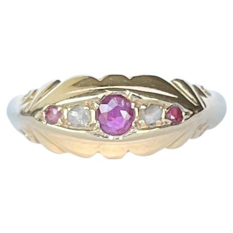 Art Deco Ruby and Diamond 18 Carat Gold Five-Stone Ring For Sale