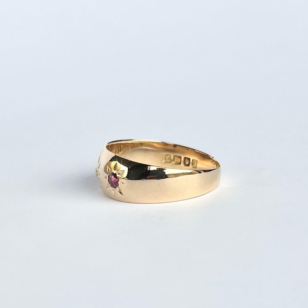 Women's Art Deco Ruby and Diamond 18 Carat Gold Three-Stone Gypsy Ring