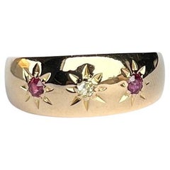 Art Deco Ruby and Diamond 18 Carat Gold Three-Stone Gypsy Ring