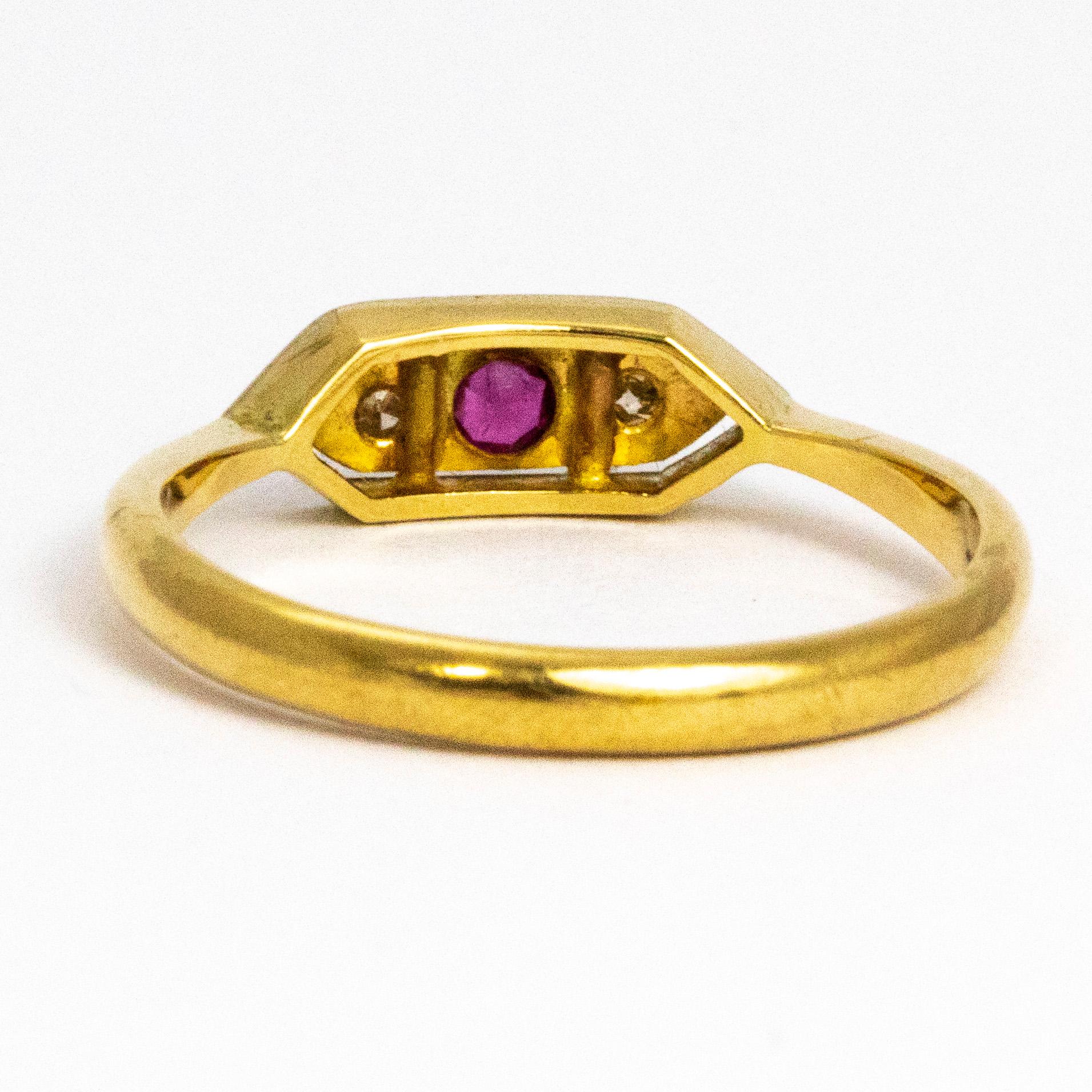 Art Deco Ruby and Diamond 18 Carat Gold Three-Stone Ring In Good Condition In Chipping Campden, GB