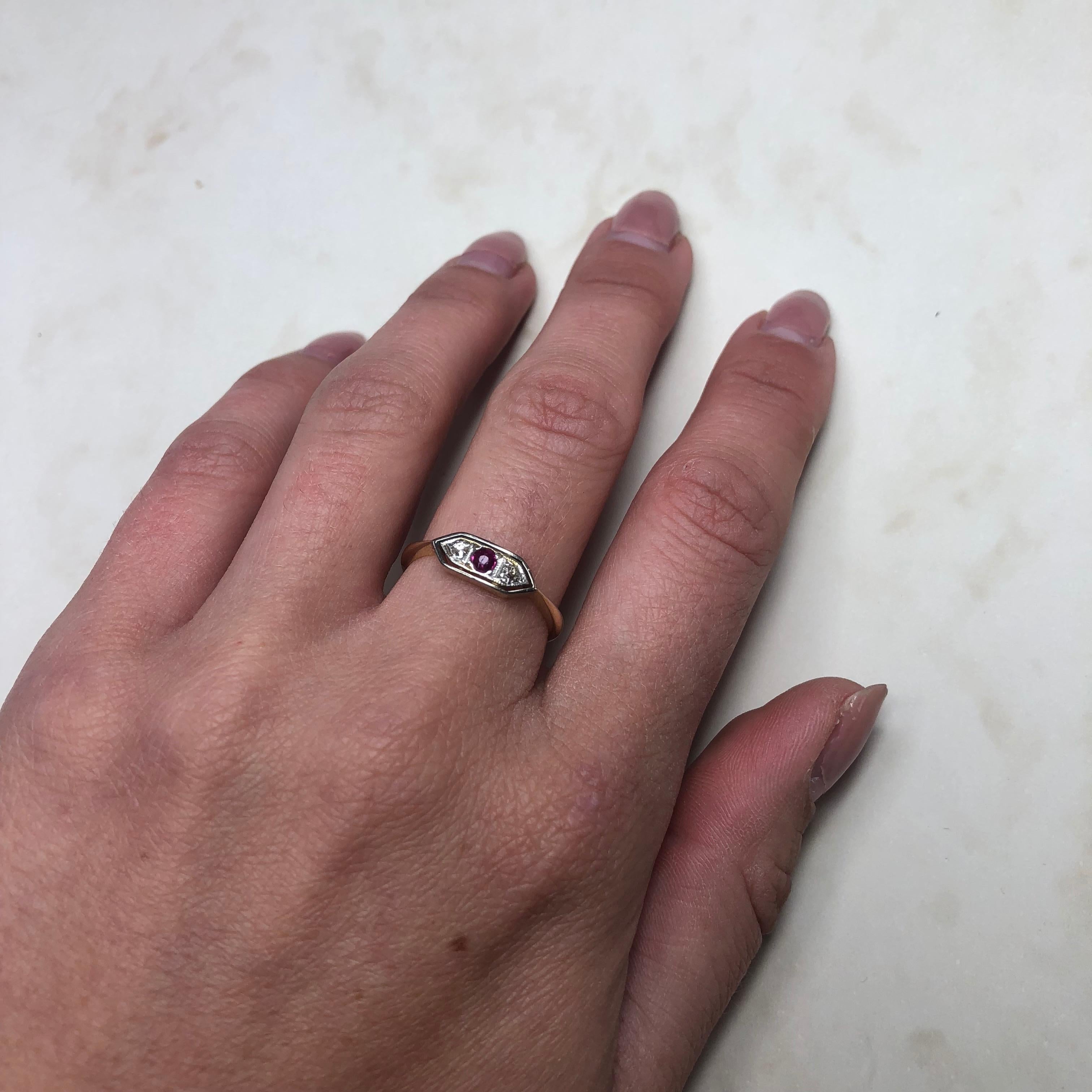 Women's Art Deco Ruby and Diamond 18 Carat Gold Three-Stone Ring