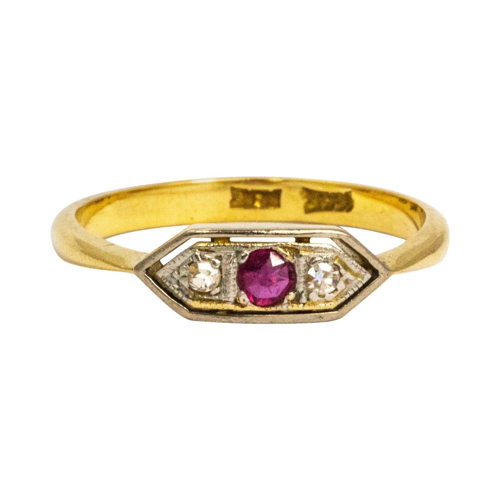 Art Deco Ruby and Diamond 18 Carat Gold Three-Stone Ring