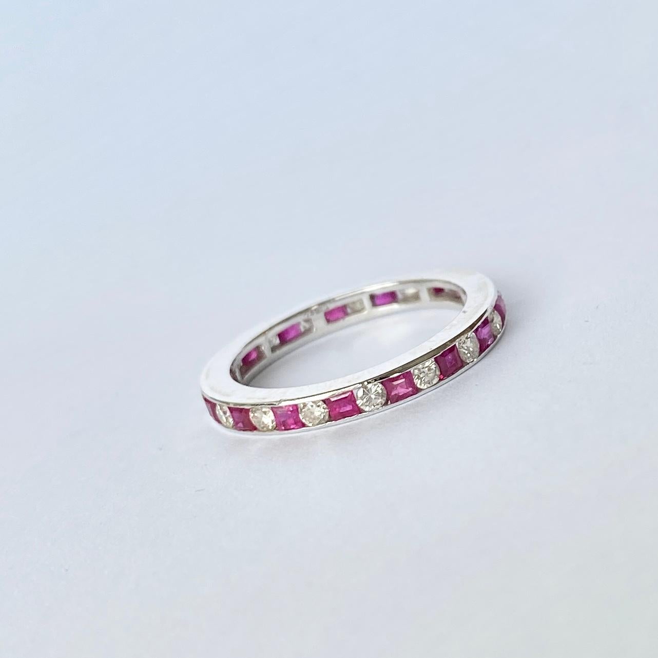 Square Cut Art Deco Ruby and Diamond 18 Carat White Gold Eternity Ring For Sale