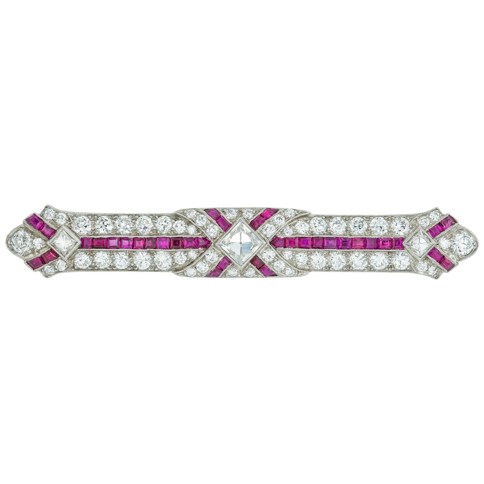 Art Deco Ruby and Diamond Bar Brooch For Sale