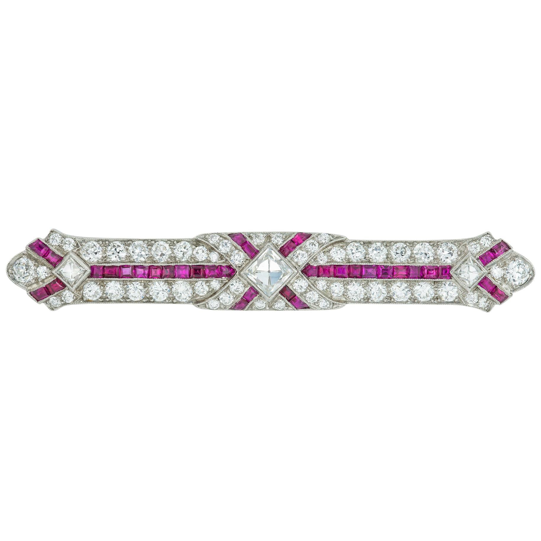 Art Deco Ruby and Diamond Bar Brooch