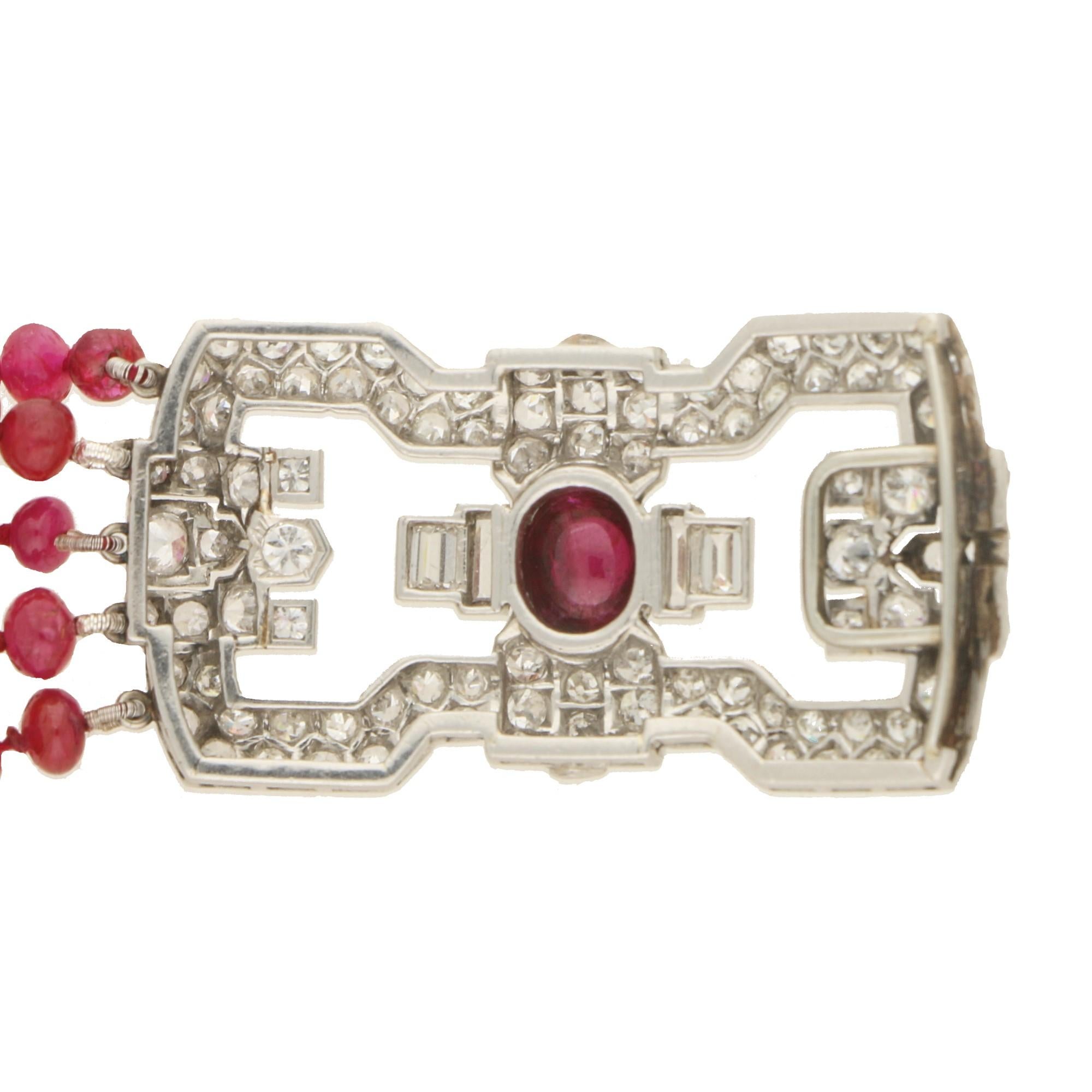 Cabochon Art Deco Ruby and Diamond Beaded Bracelet with a Platinum Clasp
