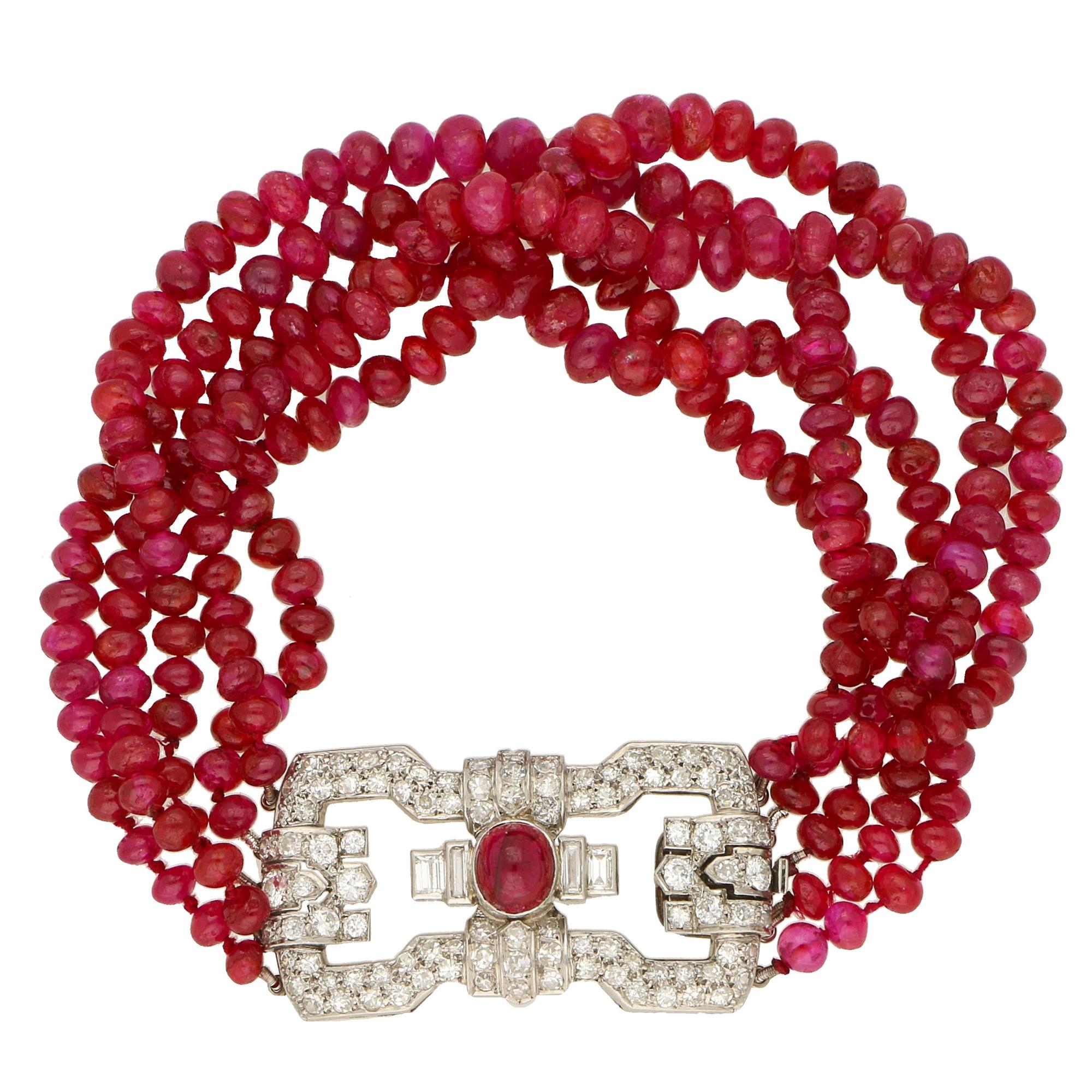 Art Deco Ruby and Diamond Beaded Bracelet with a Platinum Clasp