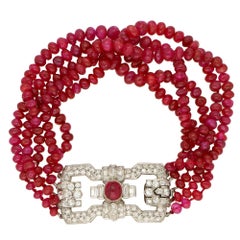 Vintage Art Deco Ruby and Diamond Beaded Bracelet with a Platinum Clasp