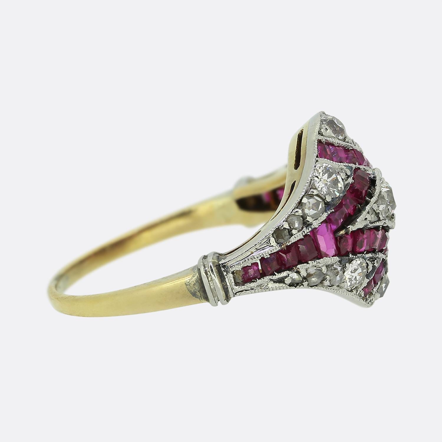 Old European Cut Art Deco Ruby and Diamond Bombe Ring For Sale