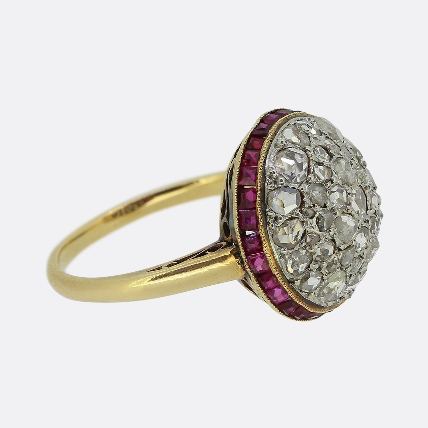 Rose Cut Art Deco Ruby and Diamond Bombe Ring For Sale