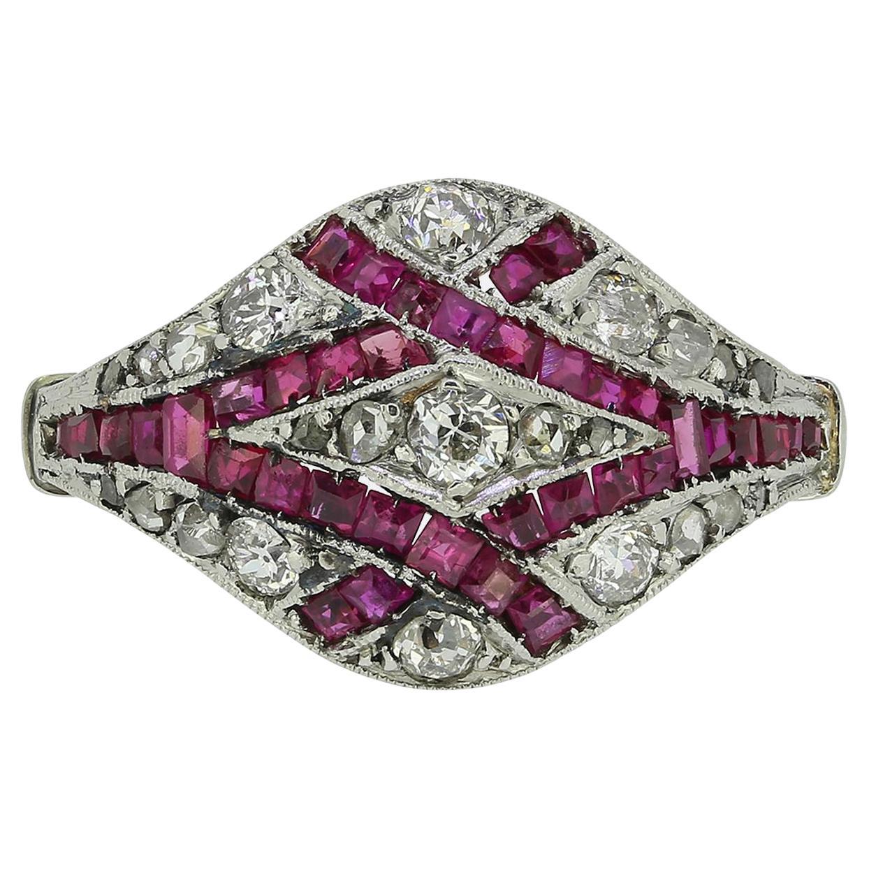 Art Deco Ruby and Diamond Bombe Ring For Sale