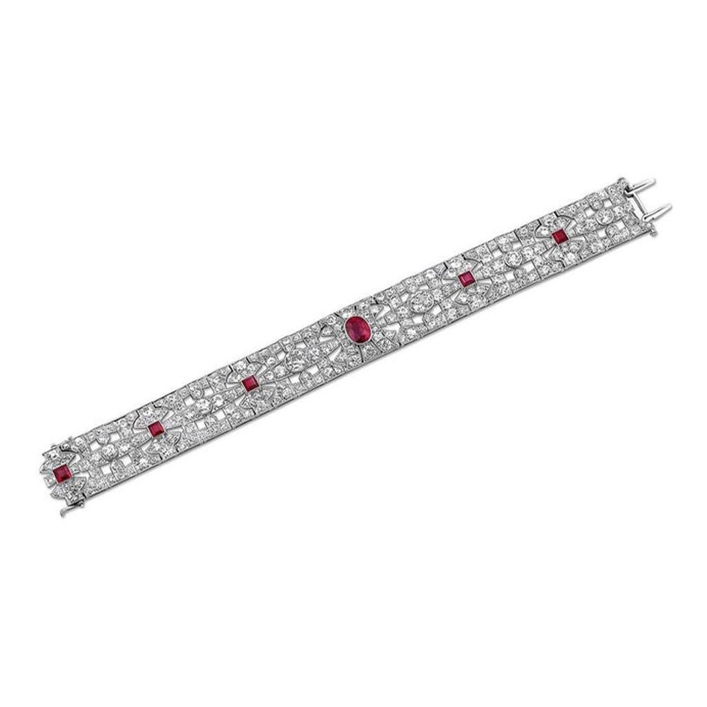 Square Cut Art Deco Ruby and Diamond Bracelet For Sale