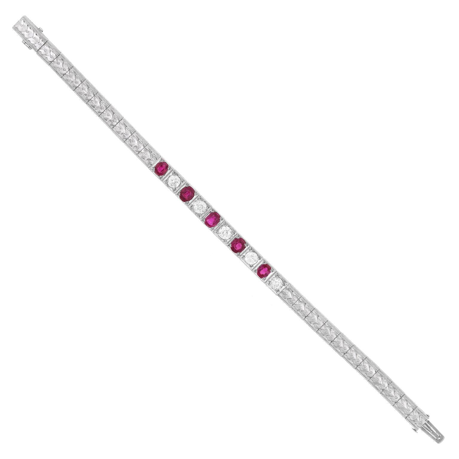 Round Cut Art Deco Ruby and Diamond Bracelet