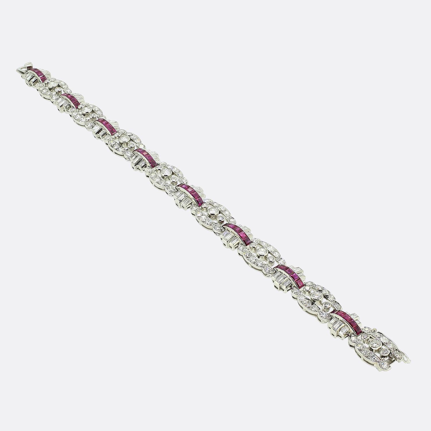 Square Cut Art Deco Ruby and Diamond Bracelet For Sale
