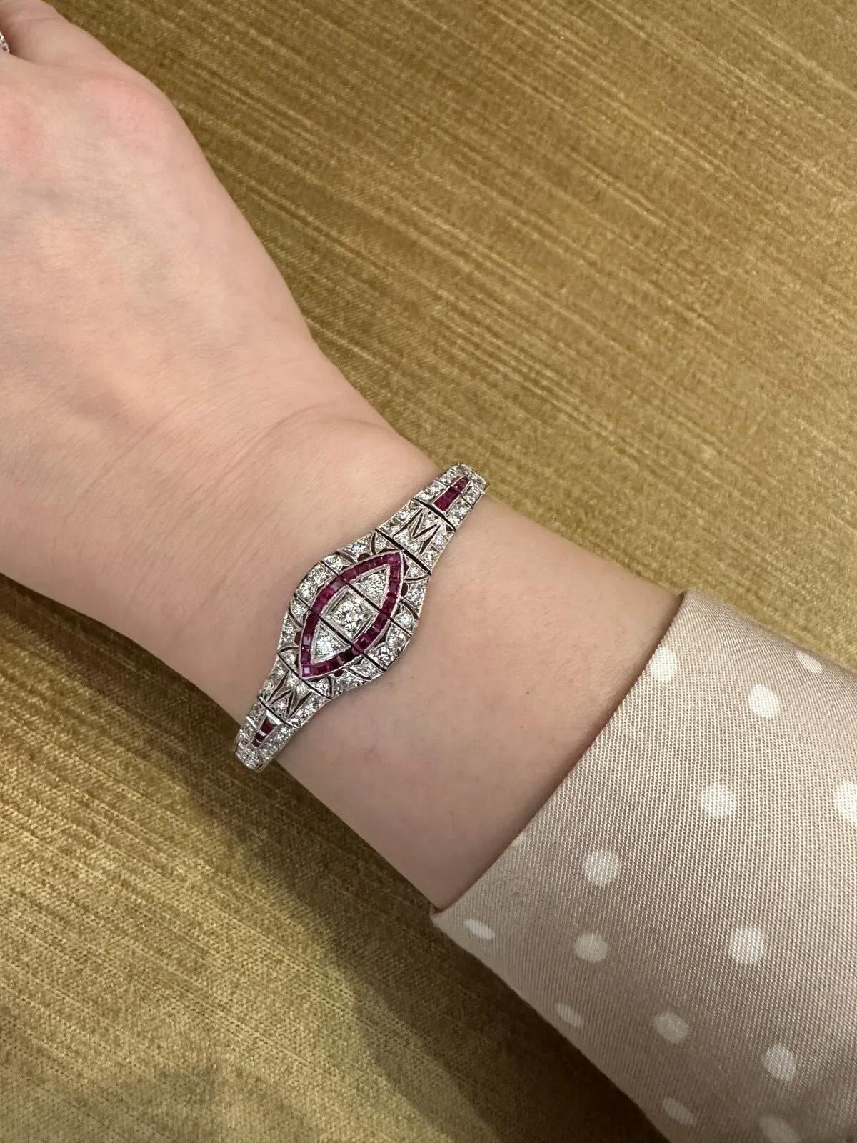Old European Cut Art Deco Ruby and Diamond Bracelet in Platinum For Sale