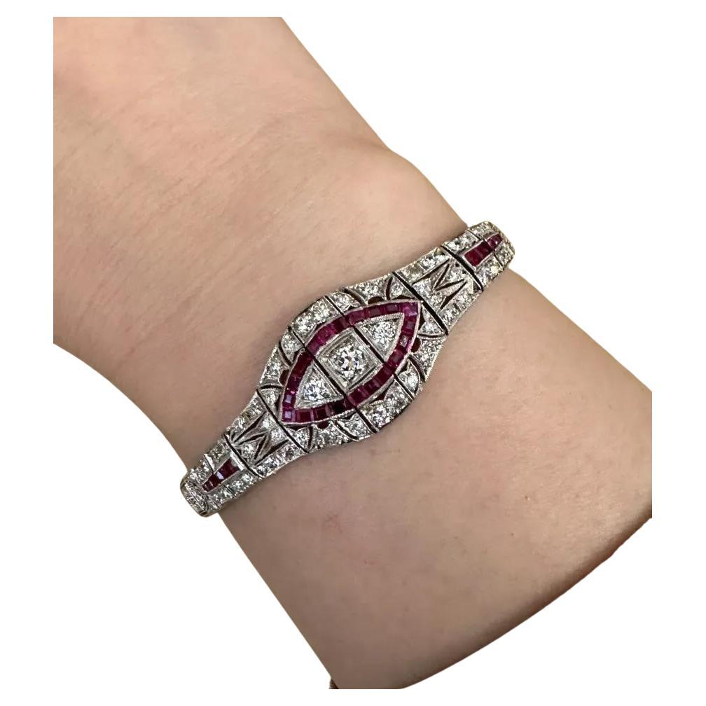 Women's or Men's Art Deco Ruby and Diamond Bracelet in Platinum For Sale