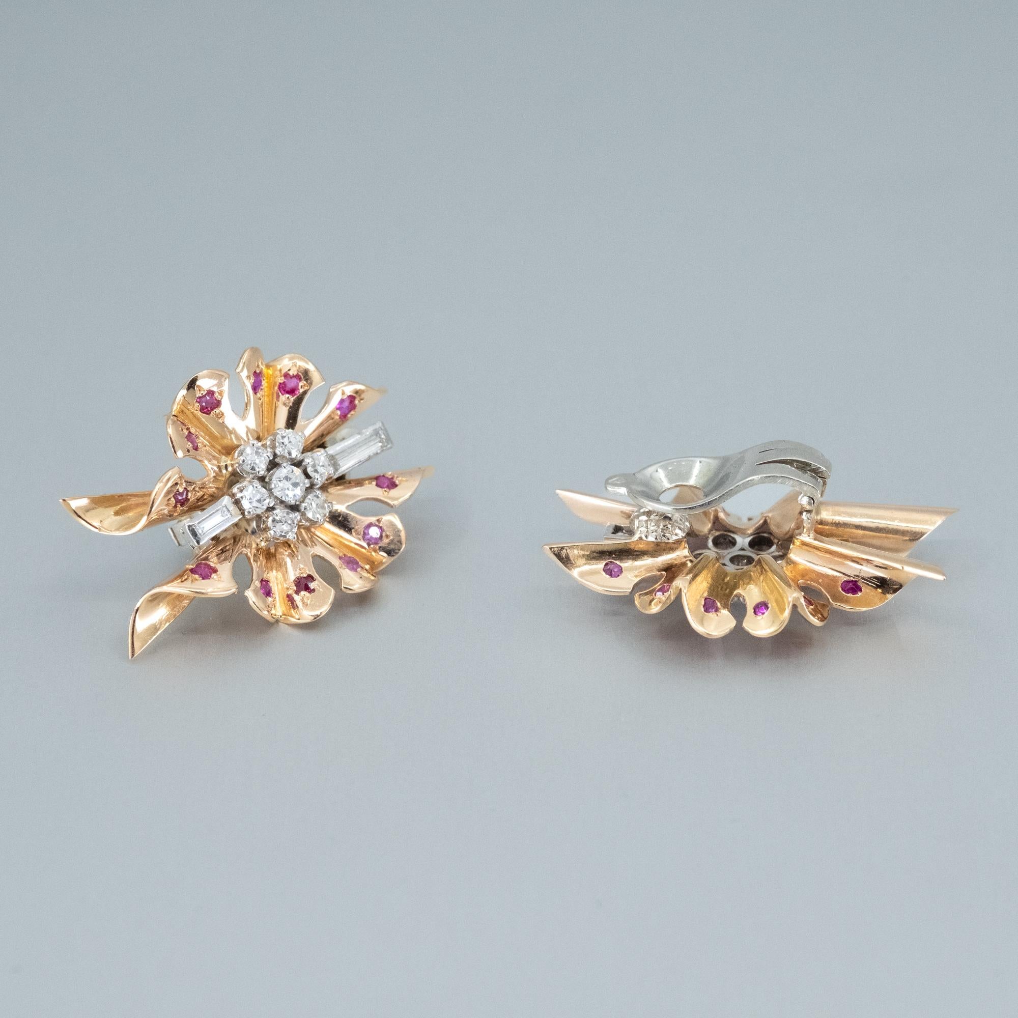 Round Cut Art Deco Ruby and Diamond clip-on earrings in 18ct gold. For Sale
