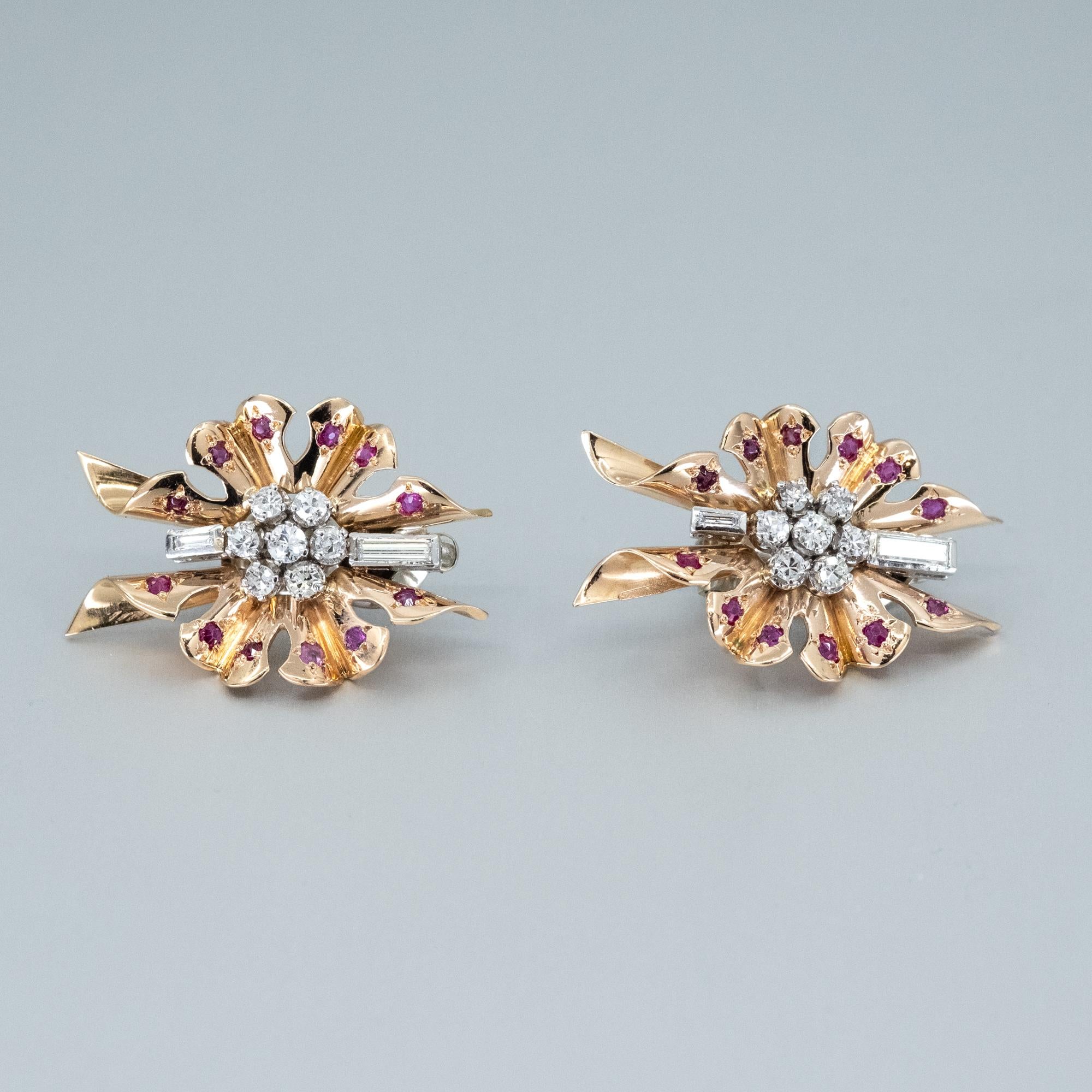 Art Deco Ruby and Diamond clip-on earrings in 18ct gold. For Sale 1
