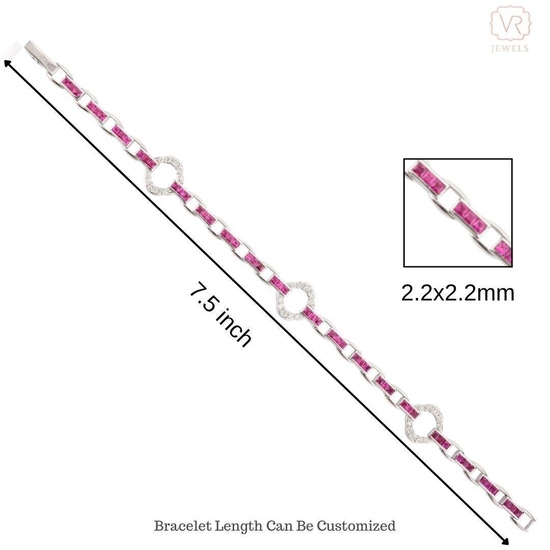 Art Deco Style Ruby and Diamond Clover Tennis Bracelet 14k Solid White Gold For Sale 3